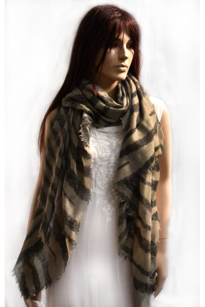 Wollen sjaal of stola met horizontale strepen, bruin, grijs, taupe