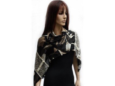 Patchwork vintage sjaal met kantjes en knoopjes, zwart, grijs, taupe, beige, cremewit