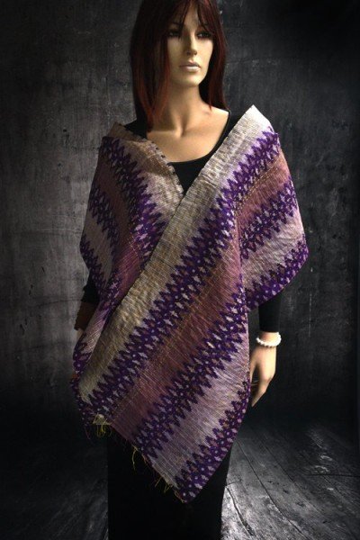 Zijden vintage kantha sjaal, paars bordeaux en mosterdgeel 