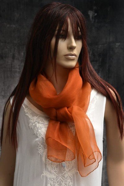 Elegante zijden organza sjaal, caramel cafe, sienna, roodbruin, oranjebruin